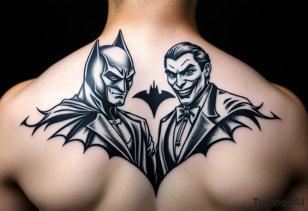 Batman and joker in Gotham with bat signal top center tattoo idea