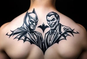 Batman and joker in Gotham with bat signal top center tattoo idea