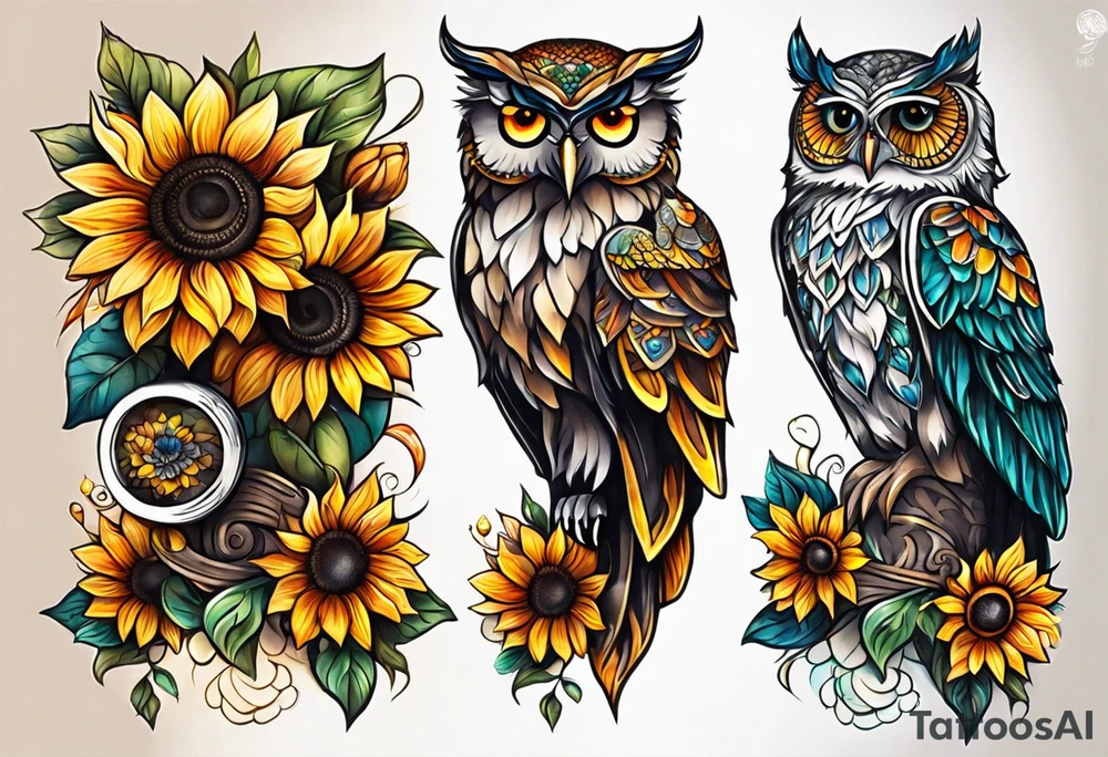 Leg sleeve with colorful sunflowers and an owl tattoo idea