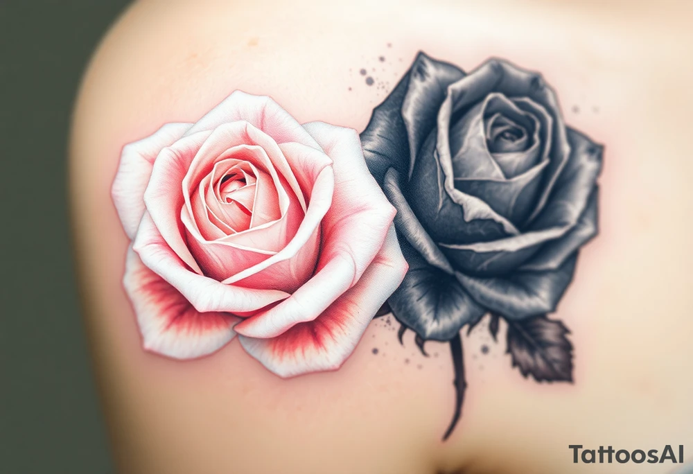 A pure white rose with soft pink highlights, symbolizing innocence and love, contrasted against a wilted black rose, its petals falling apart and turning to dust, in deep shades of gray and black, symbolizing death and decay. tattoo idea