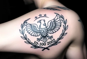 (roman numerals 10.10.2002) inside of laurel crown with imperial eagle tattoo idea