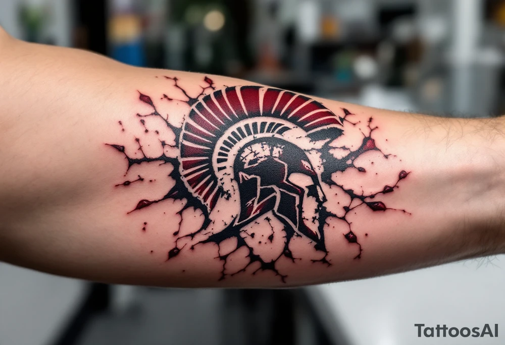 A bold bicep tattoo of the HC Sparta Praha logo in deep maroon and black, surrounded by ice-cracked effects tattoo idea