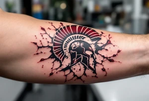 A bold bicep tattoo of the HC Sparta Praha logo in deep maroon and black, surrounded by ice-cracked effects tattoo idea