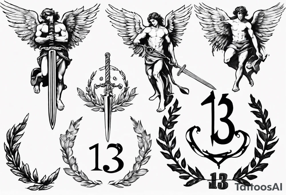 number 13, a laurel leaf wreath, and a Male angel holding sword tattoo idea