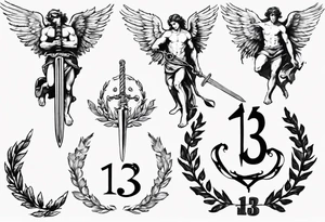number 13, a laurel leaf wreath, and a Male angel holding sword tattoo idea