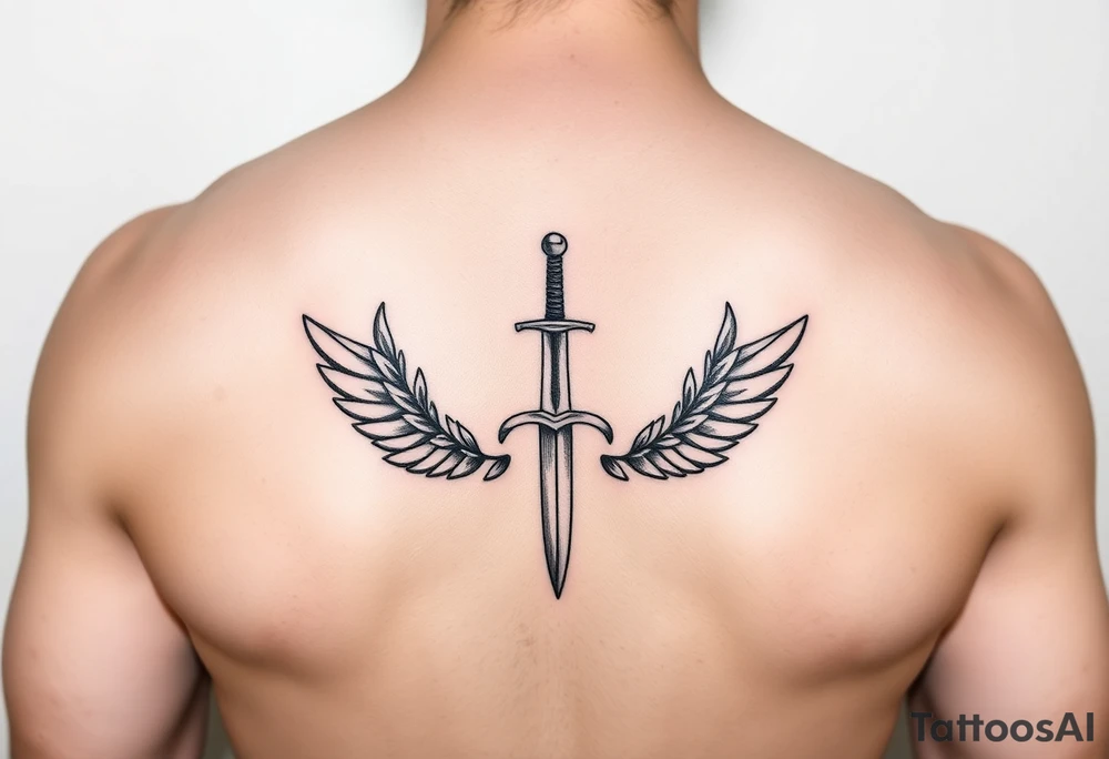 Laurel crown wreath surrounding sword and wings tattoo idea
