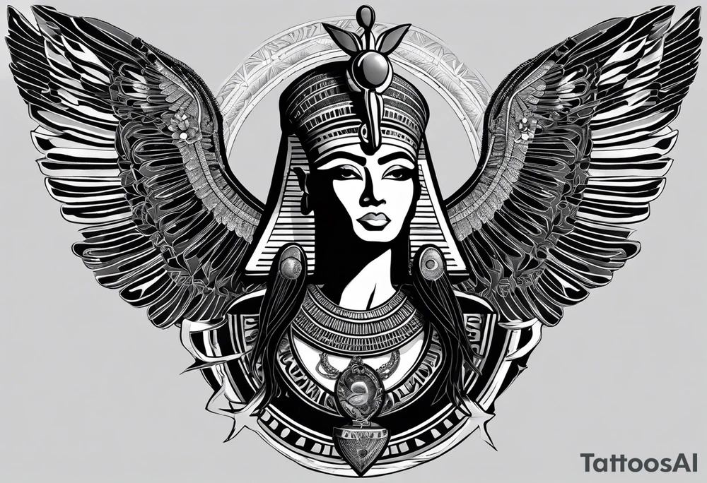 black and white Egyptian goddess Isis, who is often depicted as a woman with outstretched wings, holding an ankh (a symbol of life) in one hand and a lotus flower in the other. Her headdress often includes a throne or a solar disk. The tattoo design can vary in style and size, but it typically aims to capture the essence of this revered Egyptian deity, emphasizing her beauty, power, and maternal qualities. The choice of colors and additional elements can also be customized to create a unique and visually striking representation of the goddess Isis tattoo idea