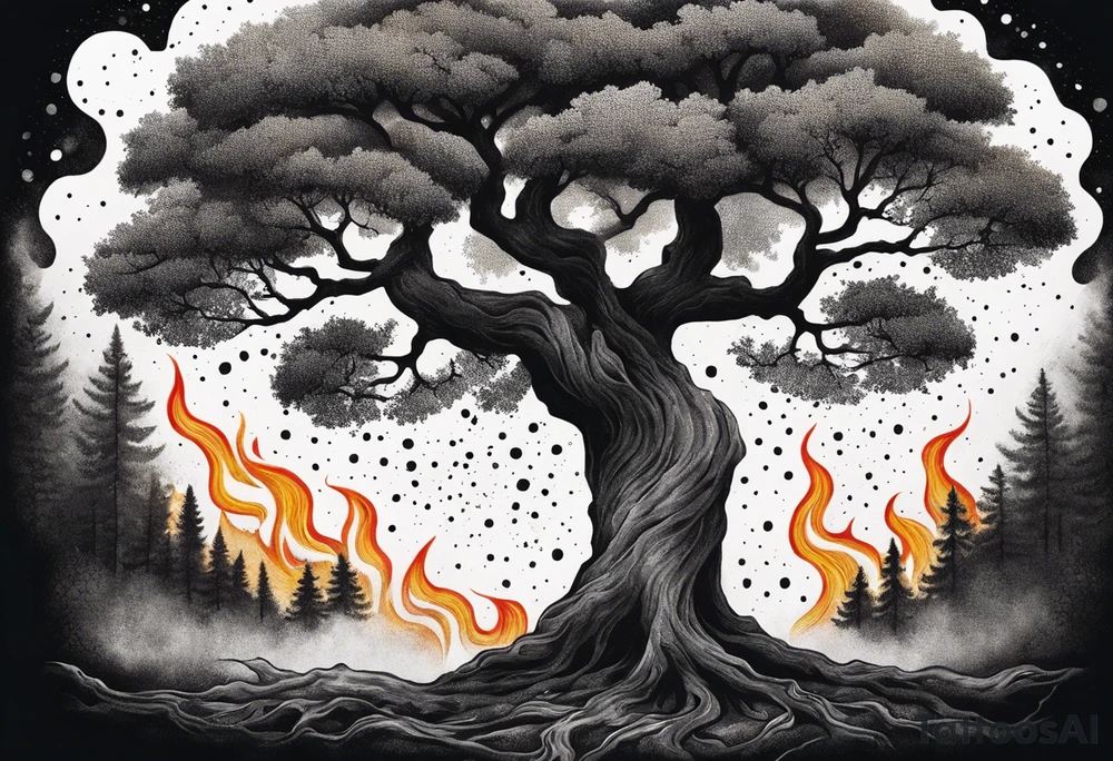 enormous old tree engulfed in flames of fire tattoo idea