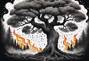 enormous old tree engulfed in flames of fire tattoo idea