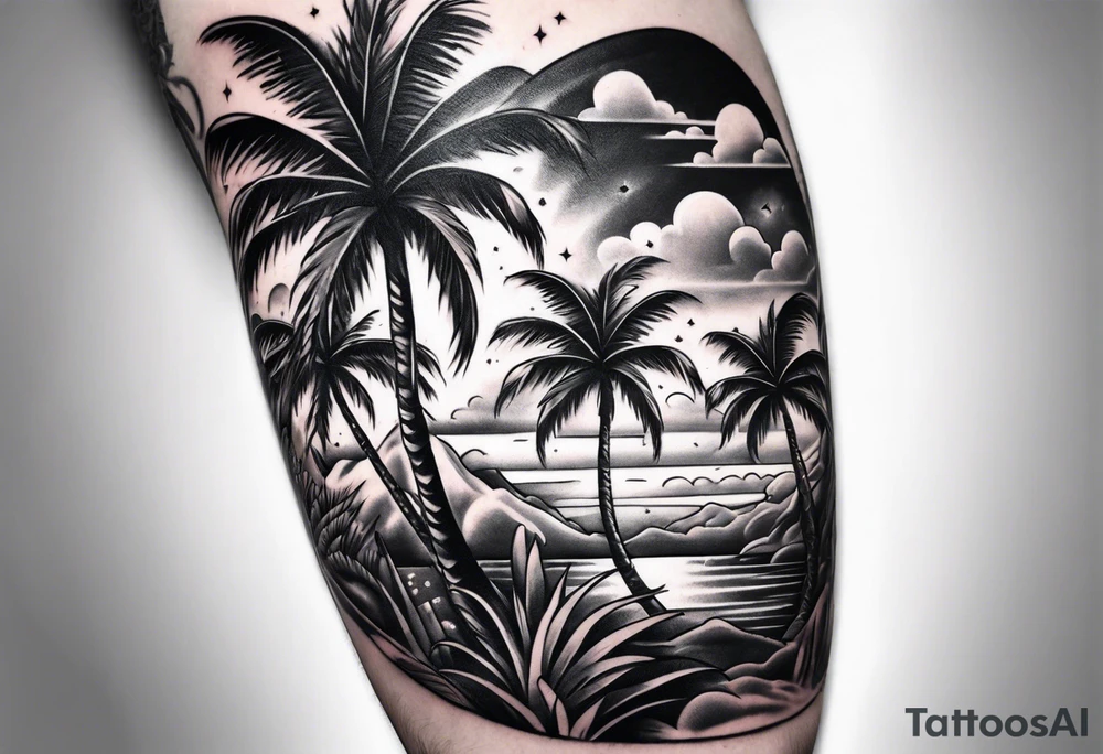 Detailed Palm tree arm sleeve tattoo idea