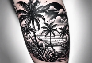 Detailed Palm tree arm sleeve tattoo idea