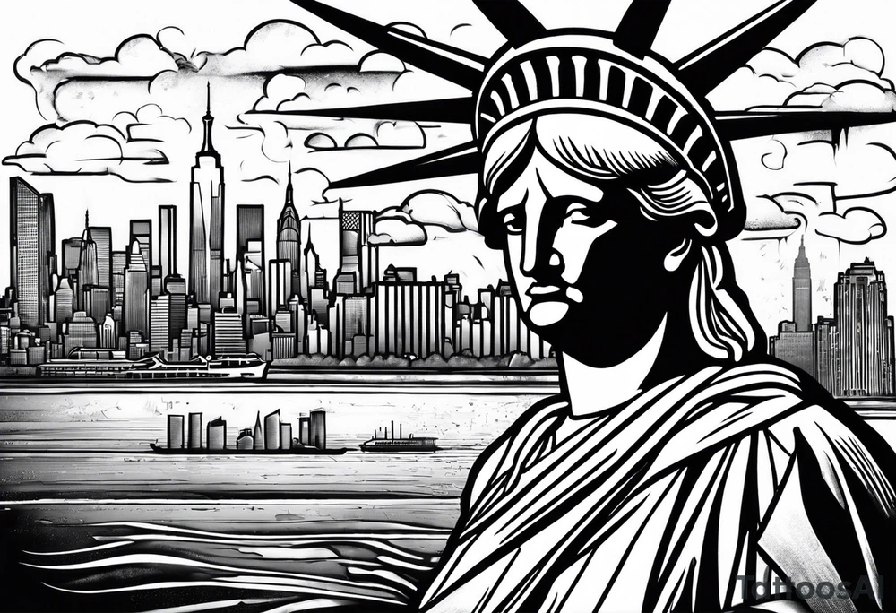 New york city skyline with Statute of liberty head in the background. White outline around head. Below the skyline in grafitti style text "NO QUIT" in the negative white space with shading around it. Put ice skatng marks through the text and throughout the image tattoo idea