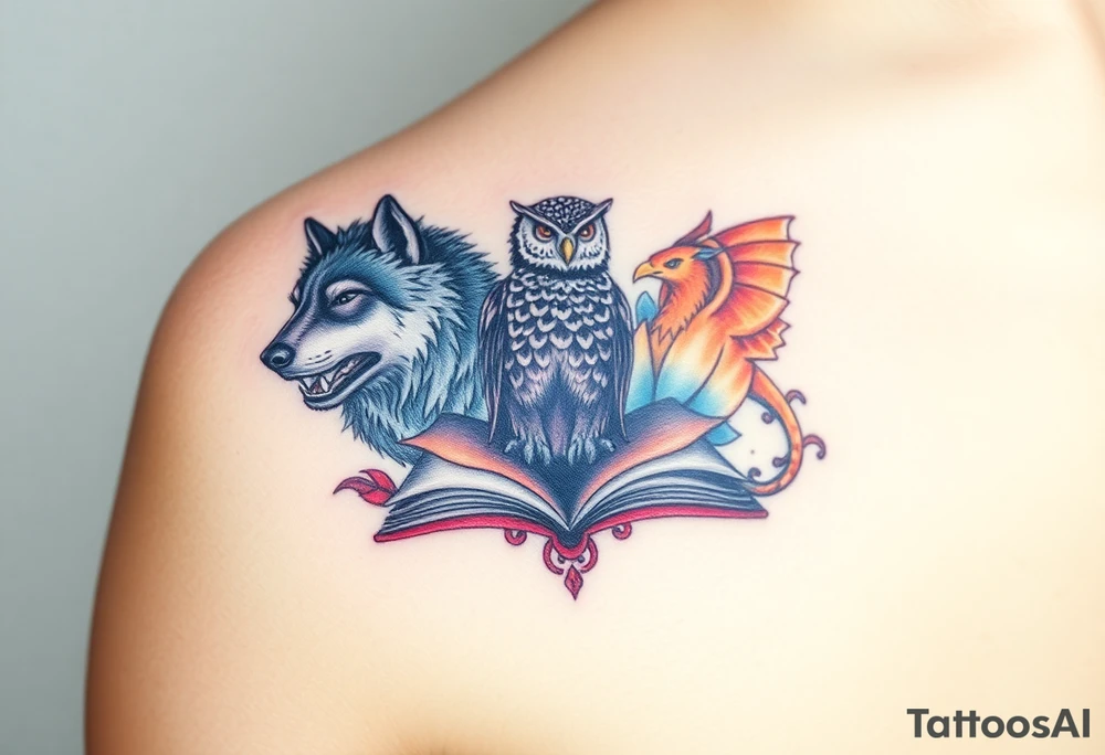 An open book with a werewolf, an owl & a dragon and a phoenix surrounding the book tattoo idea