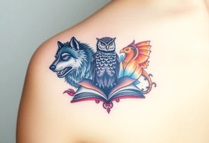 An open book with a werewolf, an owl & a dragon and a phoenix surrounding the book tattoo idea