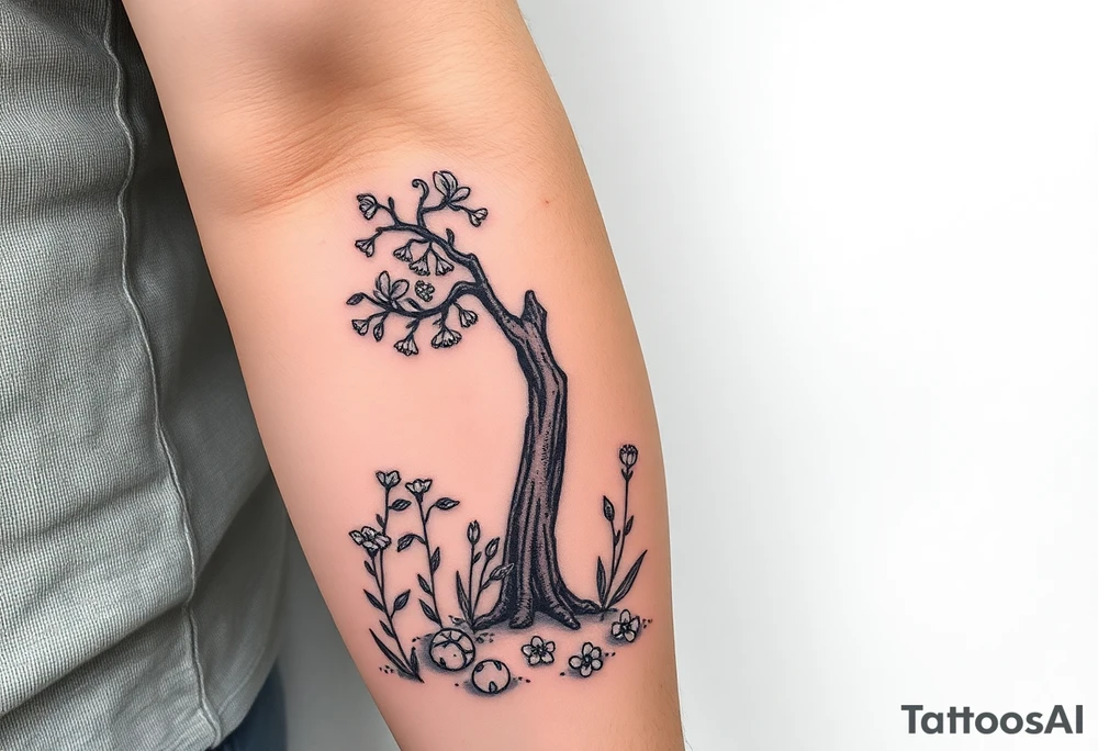 Lilly of the vally plants underneath a blooming hawthorn tree with other plants on ground tattoo idea