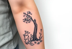 Lilly of the vally plants underneath a blooming hawthorn tree with other plants on ground tattoo idea