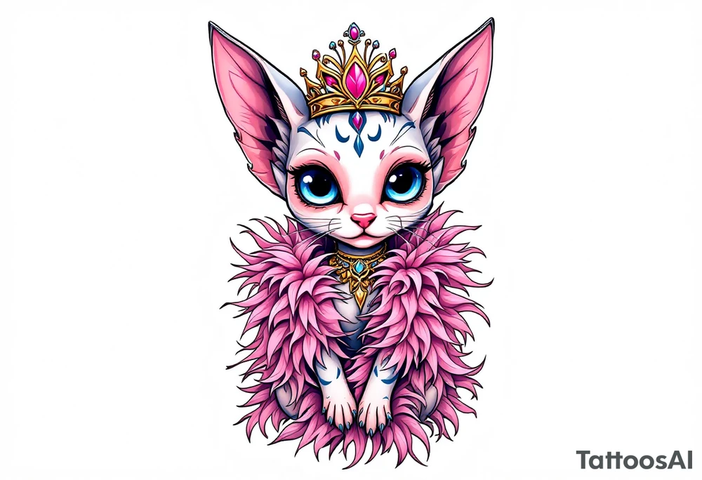 Chibi new school Glamorous sphinx cat holding 
pink feather boa and wearing a crown tattoo idea