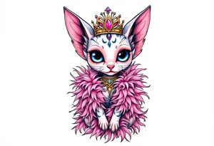 Chibi new school Glamorous sphinx cat holding 
pink feather boa and wearing a crown tattoo idea