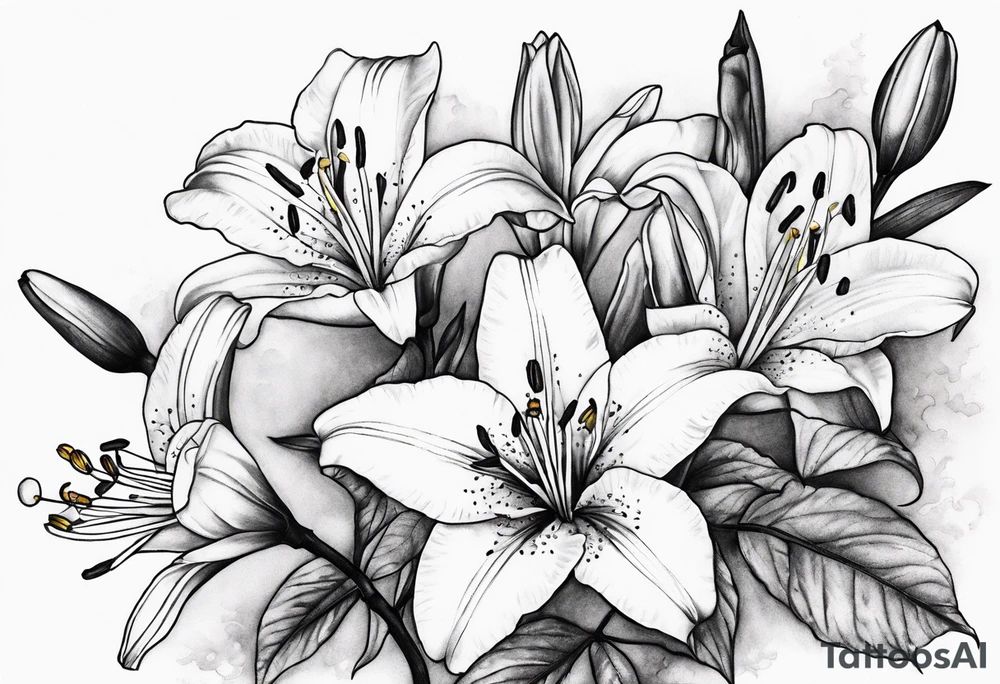 5 lilies and cherry blossom branch tattoo idea