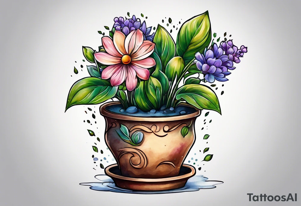 a flowerpot with a small flower coming out of it, just about to bloom. i would like the text, "a flower's gonna bloom real soon" around it tattoo idea