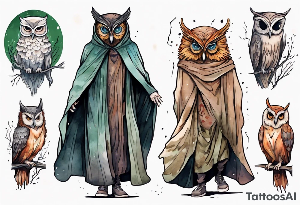 a tall thin man in a cloak wearing an owl mask walking in a forest tattoo idea