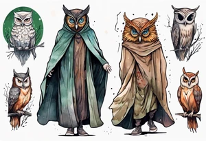 a tall thin man in a cloak wearing an owl mask walking in a forest tattoo idea