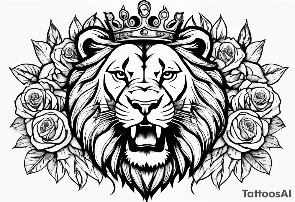 Roaring Lion with crown  with roses tattoo idea