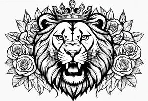Roaring Lion with crown  with roses tattoo idea