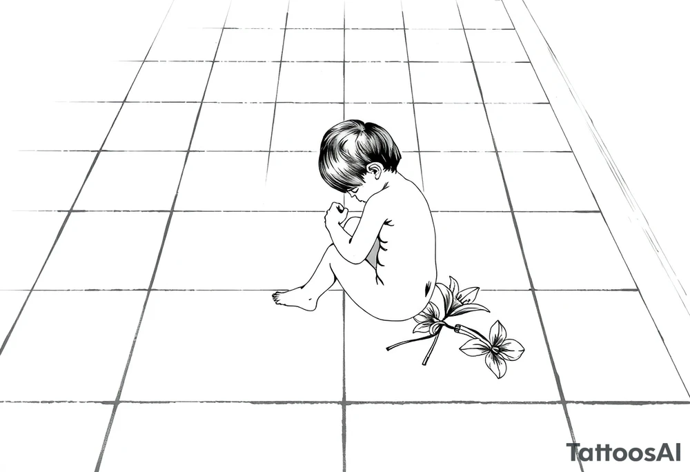 A simple tile floor with a minimalist silhouette of a curled up child sitting on the floor with a lily next to her tattoo idea