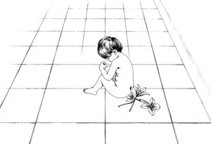 A simple tile floor with a minimalist silhouette of a curled up child sitting on the floor with a lily next to her tattoo idea