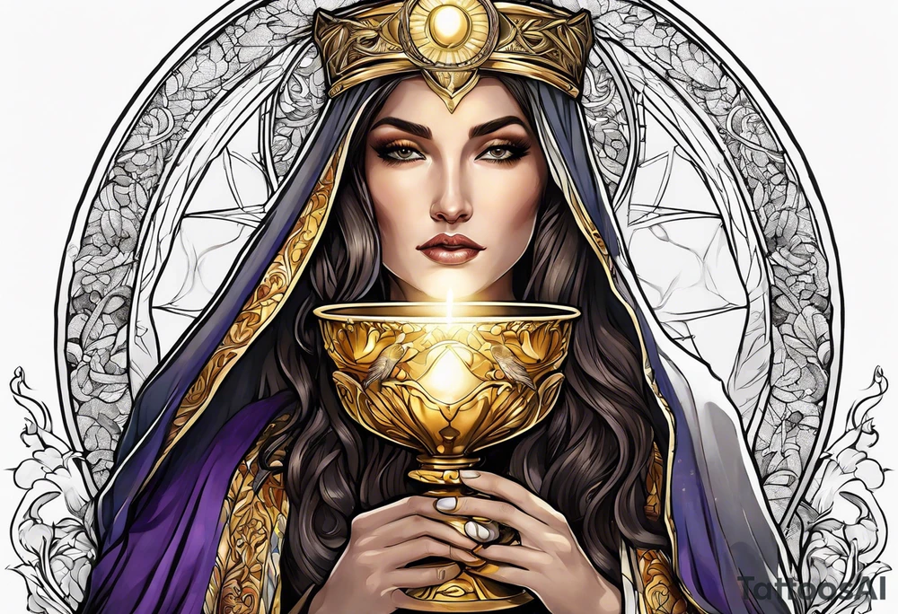 holy saint woman turned away with golden halo holding a chalice tattoo idea