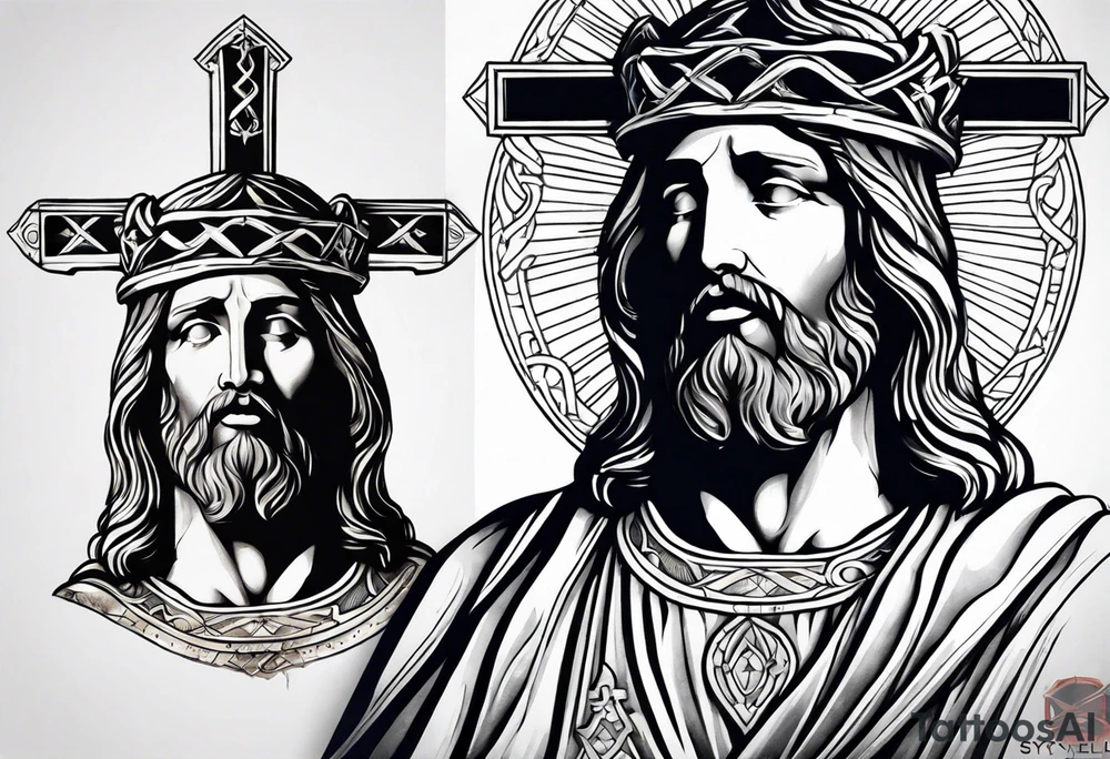 Jesus statue holding cross back tattoo idea