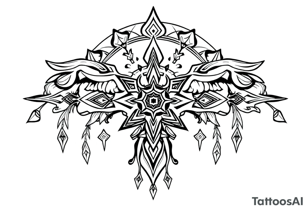 long shaman style mytical bold line with ancient rhyme tattoo idea