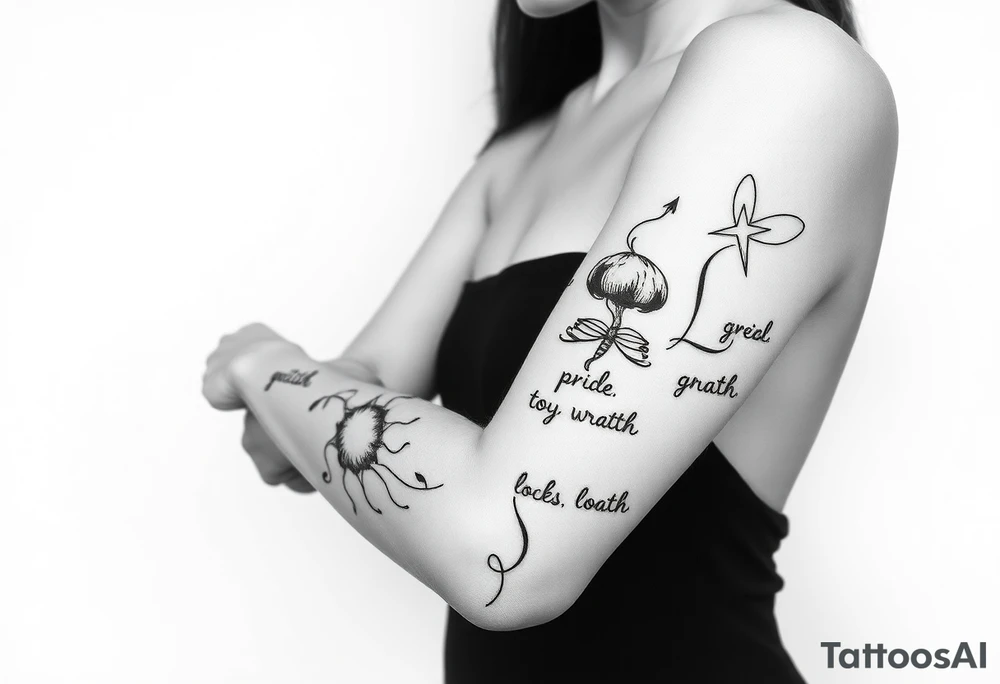 powerful sexy seven deadly sins with words greed, pride, gluttony, wrath, lust, sloth and envy, with a darkness kind of feeling tattoo idea