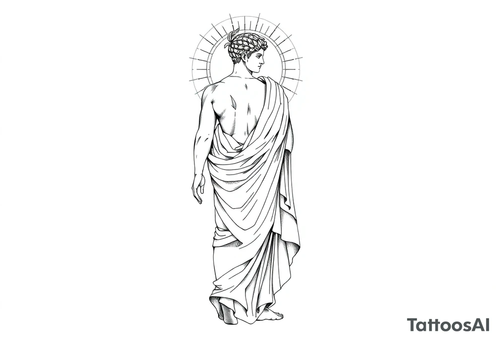 Tattoo design, vertical full sleeve composition, black and grey fine line linework style. Full figure of Apollo, Greek god of light, depicted in classical marble statue style, wearing flowing ancient drapery cloth. Calm powerful stance, balanced proportions, serene expression. Radiant sun halo behind the head with geometric rays. Subtle sacred geometry and orbital cosmic elements surrounding the figure. Laurel wreath symbolism integrated. Light energy lines and minimal abstract flow shapes. Clean composition, elegant, not overcrowded. Include the quote in fine serif lettering: “Do. Or do not. There is no try.” Tattoo stencil design, white background, no dark horror elements, no wings, professional tattoo flash. tattoo idea