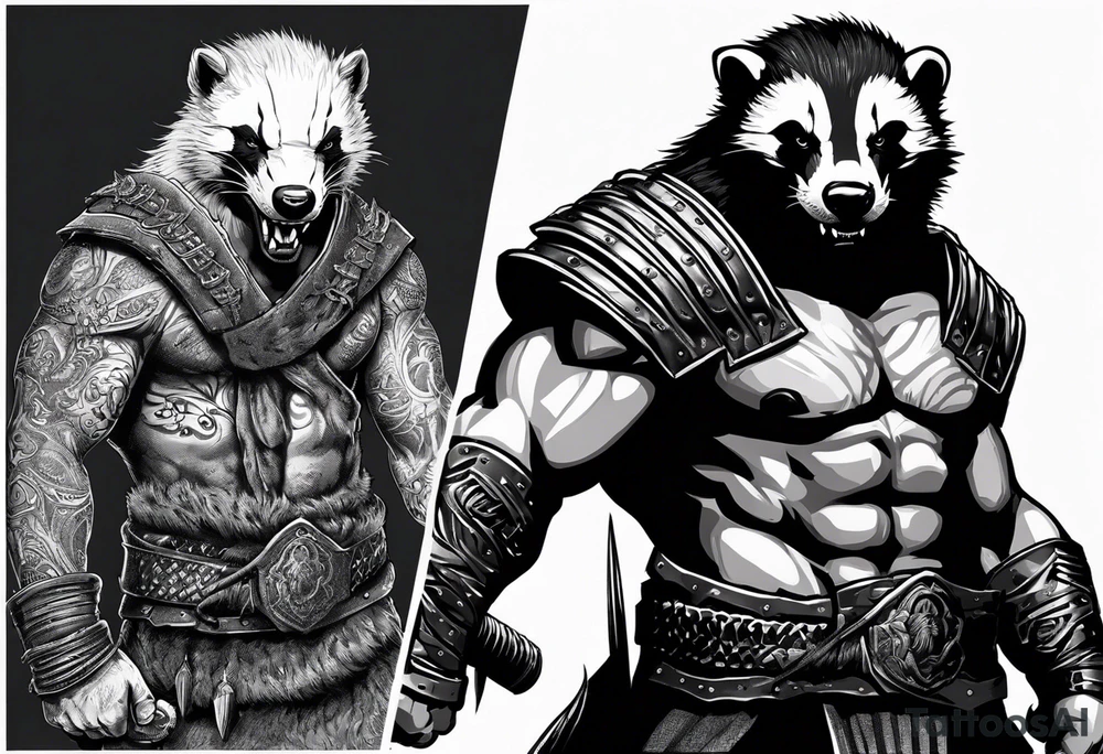 Draw me psychopath Honey Badger/Berserker with aggressive full body, killer face with a scary smile, very long nails and he attacks like a Bloody Assassin/Warrior/Gladiator to us and also, he has very deadly looking. He fights with his nails only. Everybody scares after their first sight. Give me horror type Badger Tattoo. I want to see his Realistic full body with no weapons. You can show destruction at the back. tattoo idea