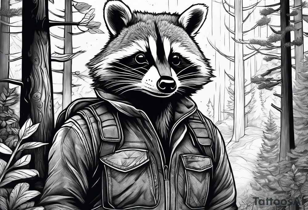 Powerful raccoon builder, in the Back a New Home Surrounded by woods tattoo idea