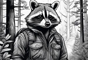 Powerful raccoon builder, in the Back a New Home Surrounded by woods tattoo idea