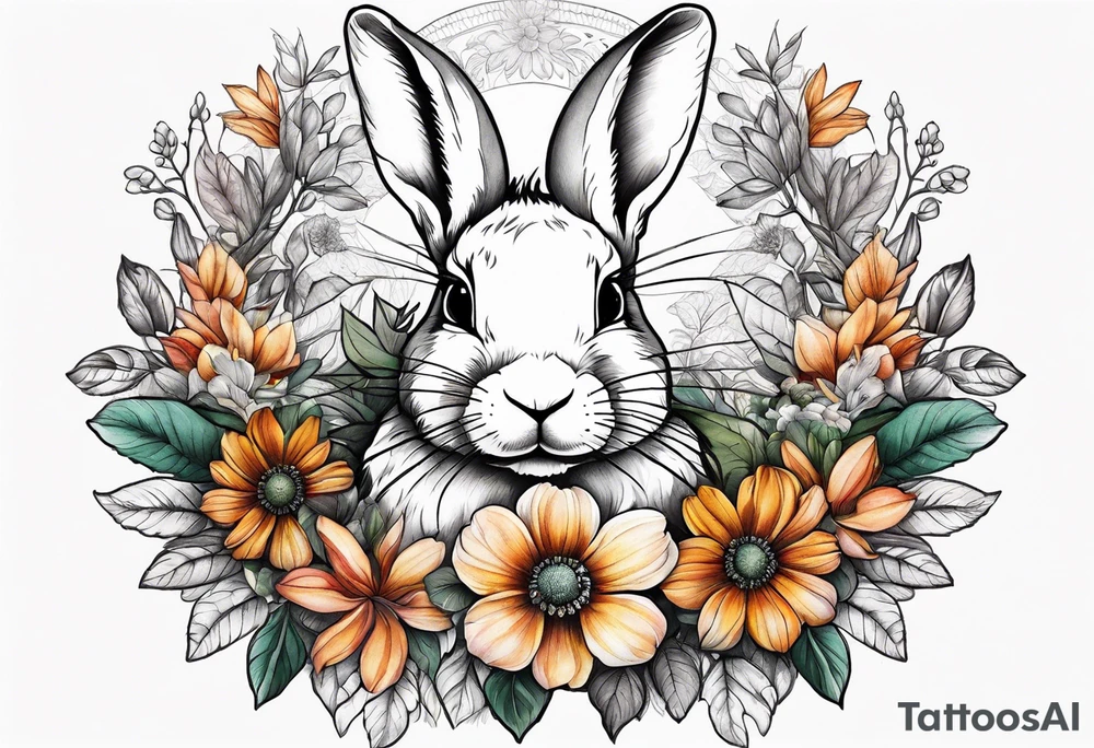 Realistic rabbit head in the middle of realistic flowers and leaves tattoo idea