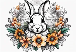 Realistic rabbit head in the middle of realistic flowers and leaves tattoo idea