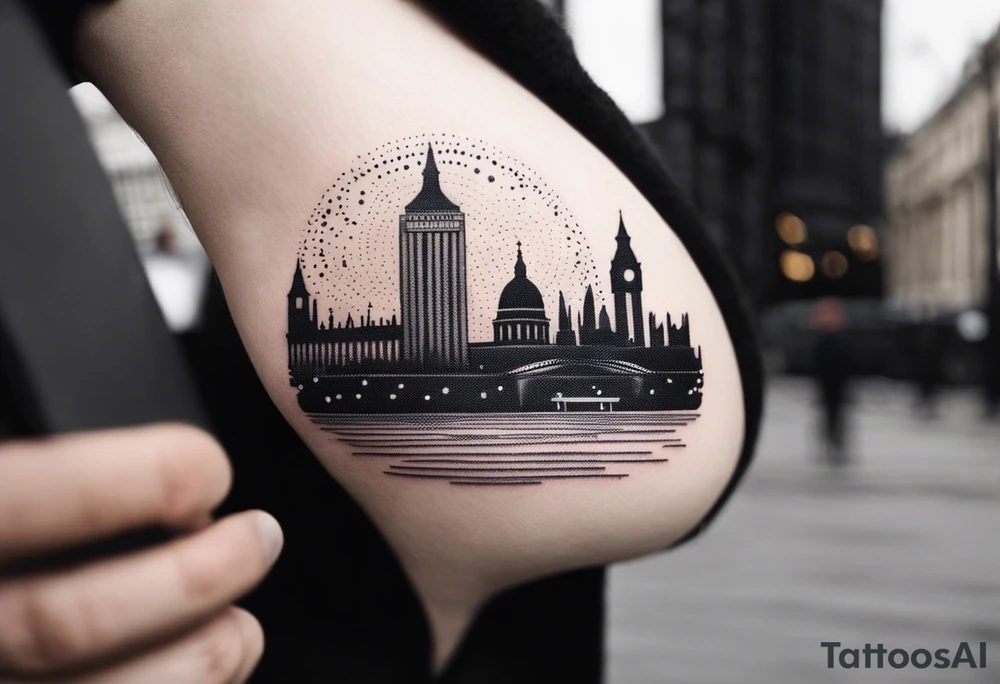 A minimalistic, abstract design capturing the architectural essence and vibe of London. Key elements of London’s skyline and structure are hinted at with clean lines, and subtle detailing includes personal touches, like a nod to Feid’s signature look (hat, glasses, mustache), integrated discreetly to honor a memorable concert experience. tattoo idea
