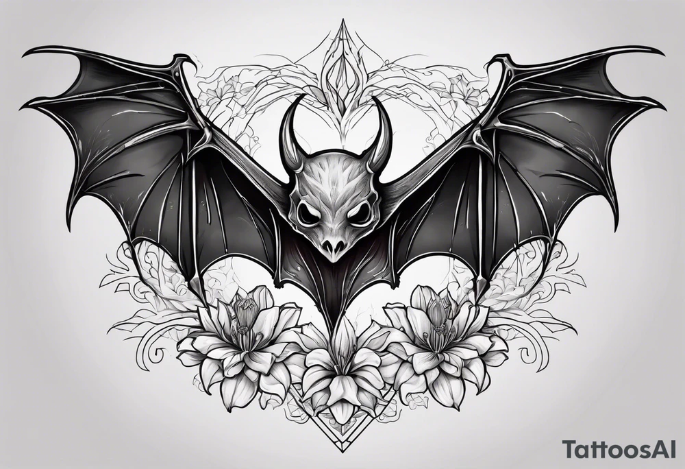 Evil bat holding a lycoris radiata, skeleton hands making heart shape around the bat, lycoris radiata thin flower petals accents surrounding the outside tattoo idea