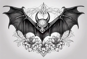 Evil bat holding a lycoris radiata, skeleton hands making heart shape around the bat, lycoris radiata thin flower petals accents surrounding the outside tattoo idea