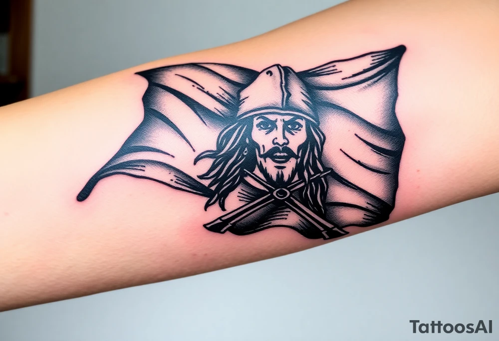 A tattered pirate flag with Jack Sparrow’s silhouette, flowing dramatically in the wind, done in black and gray ink with faint red highlights tattoo idea