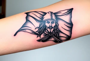 A tattered pirate flag with Jack Sparrow’s silhouette, flowing dramatically in the wind, done in black and gray ink with faint red highlights tattoo idea