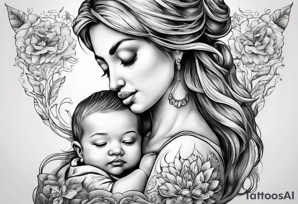 chest tattoo : 
mom and baby son statue tattoo idea