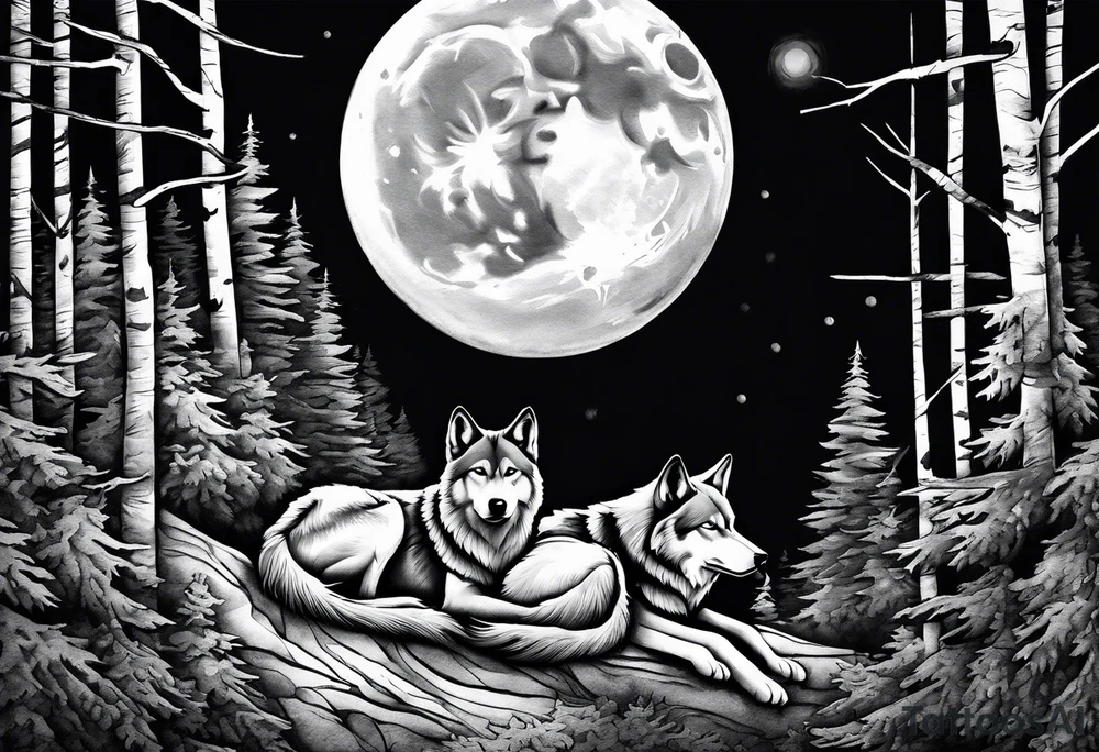 Mountain peaks
Two wolves sitting at end of trail
Moon
Dark woods tattoo idea