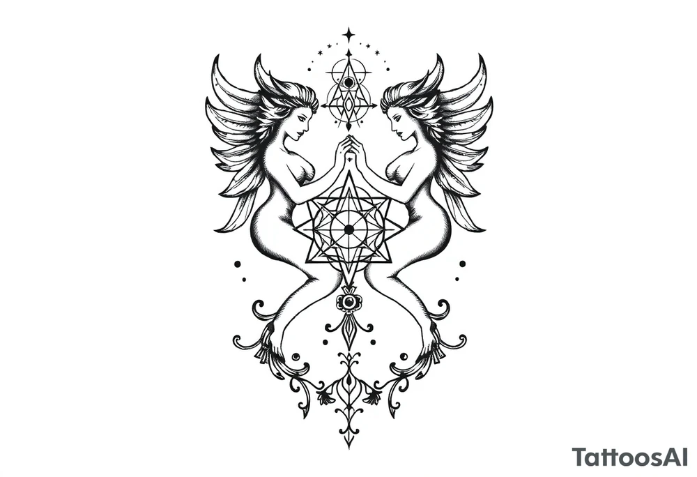 intricate Gemini zodiac with sacred geometry and cosmic elements tattoo idea