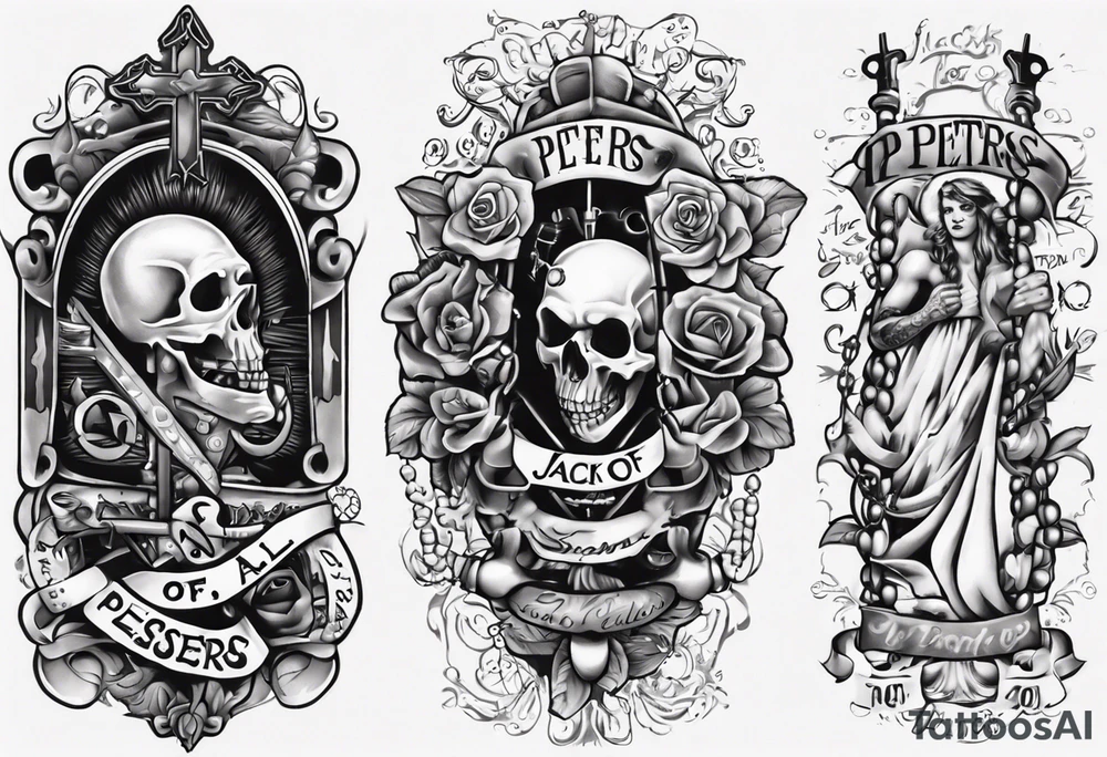 men’s arm sleeve, rosary, the name Peters, jack of all trades tattoo idea