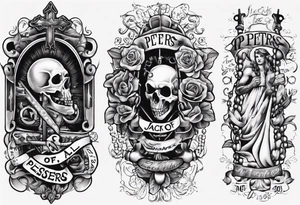 men’s arm sleeve, rosary, the name Peters, jack of all trades tattoo idea